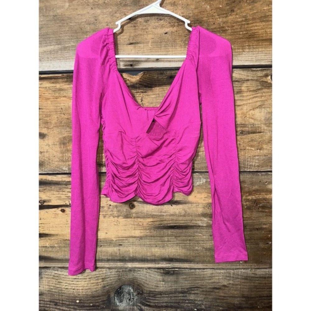 *FLAWS* Urban Outfitters‎ Womens Medium Pink Long Sleeve Neck Keyhole Shirt H10